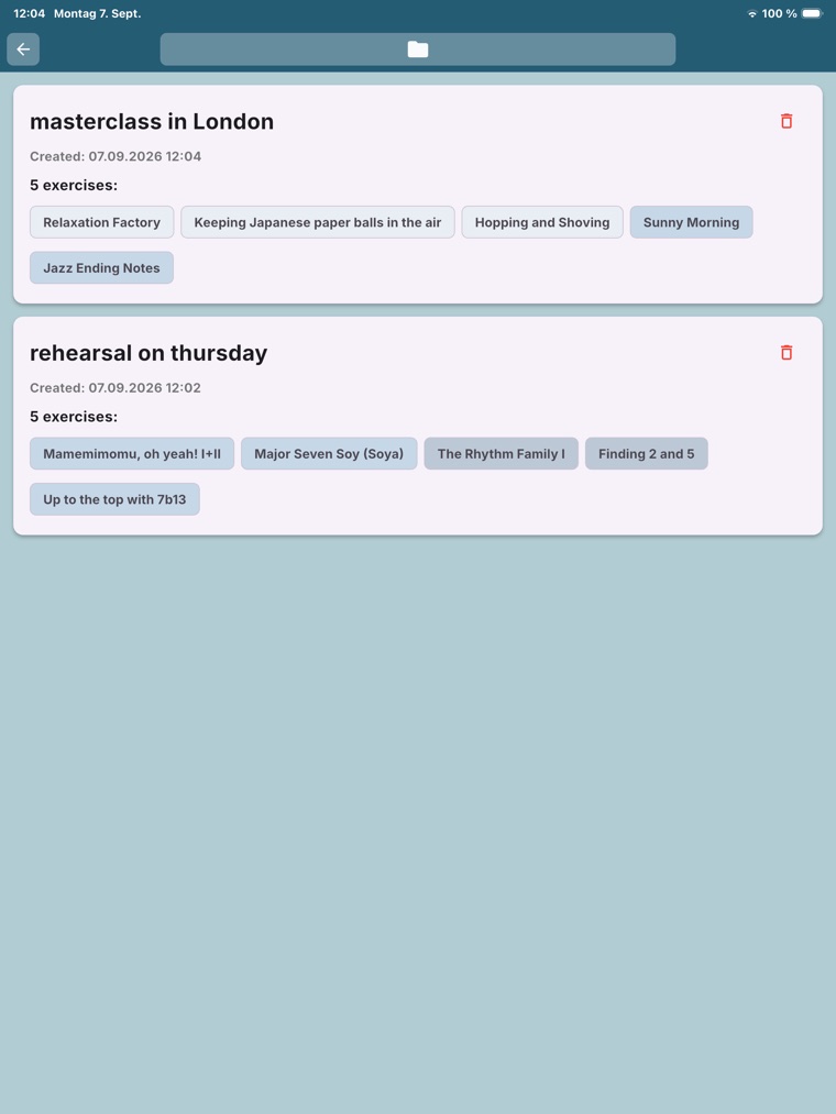 The library with two saved warm-ups and the exercises they contain