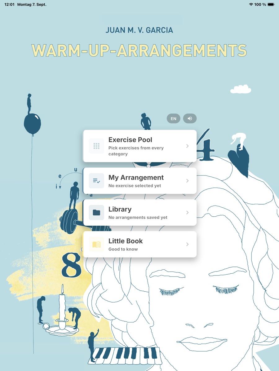 The home screen of the app with its four areas: Exercise Pool, My Arrangement, Library and Little Book